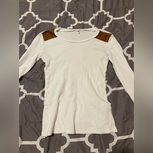 Long Sleeved White Shirt with Brown Shoulder Patches